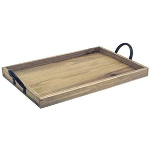 Plateau de service artisanal en bois de manguier avec finition vieillie et poignées métalliques, plateau décoratif vintage style ferme, à vendre - Product Image 3
