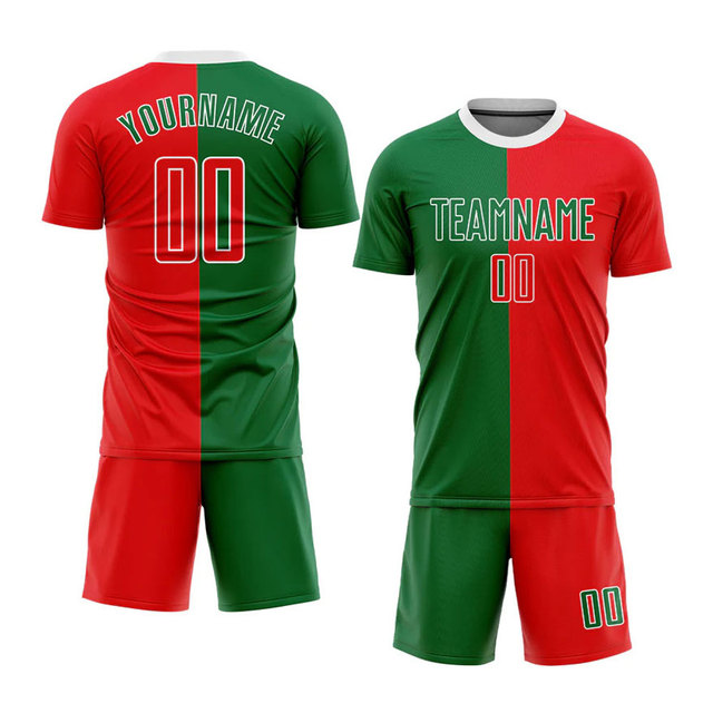 Custom Red Green Dual Color 7V7 Soccer Jersey Shorts Sports Uniform Breathable Quick Dry Sublimation Team Gear