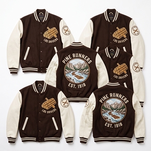Chaqueta universitaria al por mayor, color granate, cuerpo de lana, mangas de cuero color canela, con bordado 'Waterway Union Towpath Walks Canal Boat', tipo Letterman - Product Image 3