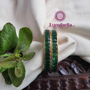 Gold Plated Green Kempu Bangles with Pearl and Diamond Accents - Product Image 1