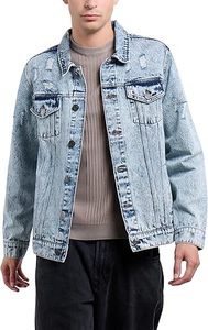 <b>Men's</b> Light Blue Denim <b>Jacket</b> Casual Washed Cotton Loose Fit Turn-down Collar Single Breasted Regular Sleeve - Product Image 3