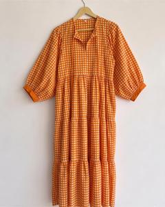 Orange <b>Plaid</b> Maxi <b>Dress</b> With Puff Sleeves Turn-Down Collar Loose Fit Tiered Hem Casual Summer Style 100% Cotton Woven Fabric - Product Image 1