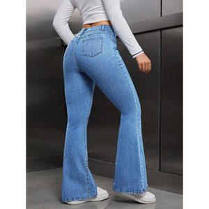 Jean en denim taille haute coupe bootcut pour femme, délavage clair vintage, coton écologique, longueur intégrale, mignon, décontracté, été automne, respirant - Product Image 4