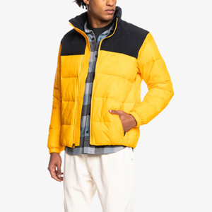 Men's Yellow Black Color Block Puffer Jacket Stand Collar Warm Quilted Winter Zip Up <b>Coat</b> - Product Image 2