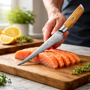 Couteau à fileter artisanal en acier inoxydable avec manche en bois, étui en cuir, lame de 8-9,9 pouces, design moderne ambidextre - Product Image 5