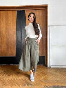 Pantalones Culottes de Algodón Verde Oliva de Cintura Alta para Mujer, Plisados, Holgados, Largos hasta el Tobillo, Estilo Casual de Primavera - Product Image 3