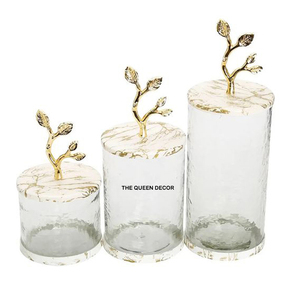 Recipiente Decorativo de Lujo de Metal y Vidrio Chapado en Oro con Tapa con Diseño de Flores de Mármol para Decoración de Cocina - Product Image 1