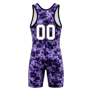 Combinaison de lutte sublimée camouflage violet pour hommes, en polyester, uniforme de lutte athlétique, vêtements de sport pour compétition et entraînement - Product Image 3