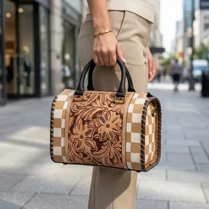 Sac à main de luxe en cuir pour femme, style vintage, motif décoratif, chaînes, deux anses, grande capacité, fermeture éclair - Product Image 3