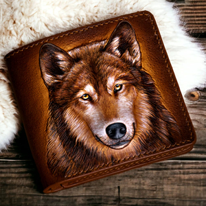 Cartera Bifold de Cuero Genuino 100% de Primera Calidad con RFID, Diseño Retro con Cara de Lobo Tallada, Color Marrón Oscuro, para Hombre, con Espacio para Efectivo y Tarjetas - Product Image 1