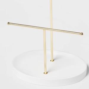 Refined Dual Level Jewelry Organizer With Offset Bars Necklace <b>Bracelet</b> Holder Round Base Sleek Space Saving Vanity Display - Product Image 2