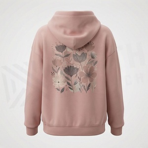 Sweat à capuche rose à fleurs pour femme en coton et bambou tricoté, manches longues, décontracté, pour le printemps, avec poches avant - Product Image 3