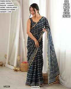 Sari en chinon bleu clair pour femme Charita avec imprimé numérique et blouse à découpes miroir pour usage quotidien S5232 - Product Image 6