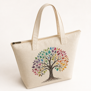 Sac fourre-tout ethnique personnalisé en coton ou toile à motif arbre avec fermeture éclair et bandoulière pour la plage, les voyages et la promotion - Product Image 4