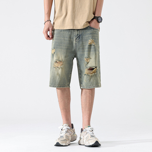 Shorts en jean déchirés et délavés pour homme, coupe droite, taille mi-haute, décontractés, en coton, bleu clair, pour l'été - Product Image 5