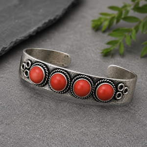 <b>Red</b> Handmade Vintage Coral Four Stone Boho Wide Cuff Bangle Gold Plated Oxidized Silver Finish Brass Jewelry - Product Image 4