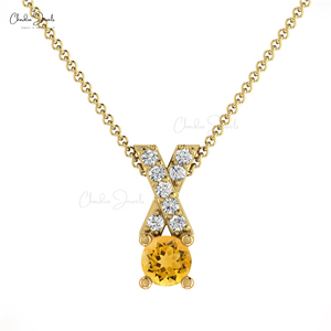 Pendentif Chrétien en Or Fin 14 carats avec Pierre Précieuse Citrine Ronde Taillée de 5 mm de Qualité Supérieure et Diamants G-H Sertis Pavé de 0,9 mm, Lot de Bijoux en Gros - Product Image 2