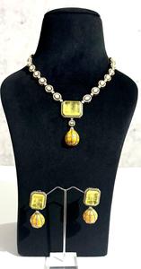 Yellow Stone Polki Layered Design Necklace with Earrings Gold Plated Fashion Jewelry Set - Product Image 2