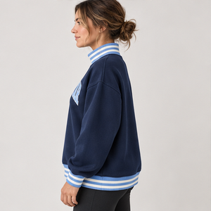 <b>Women's</b> <b>Navy</b> Mock Neck Sweatshirt with White Striped Trim Varsity Letters Long Sleeve Custom Logo - Product Image 1