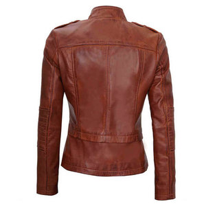 Chaqueta de Motociclista para Mujer, de Piel de Cordero Marrón, Transpirable, Gruesa, con Cierre, Cuello Camisero, Manga Larga - Product Image 6
