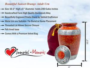 Urna Funeraria Artesanal para Cenizas, de Metal Sólido, Color Naranja Óxido, Urna para Adultos, Urna Clásica Color Naranja Atardecer con Banda Plateada y Bolsa de Terciopelo - Product Image 3