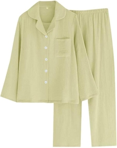 Women <b>Linen</b> Pajamas Set Solid Color Full Sleeve Button Front Loose Fit Autumn Casual Loungewear <b>Two</b> <b>Piece</b> Sleepwear - Product Image 2
