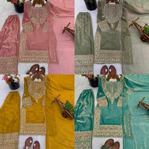 <b>Women's</b> Traditional Silk Ankle-Length <b>Suit</b> Set With Embroidered Top Bottom And Dupatta Pink Green Yellow <b>Teal</b> Colors - Product Image 2