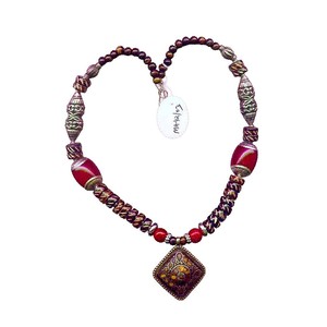 Bohemian Red Beaded <b>Necklace</b> with Antique Pendant Vintage Style Ethnic Tribal <b>Statement</b> Jewelry Unique Gift for Women - Product Image 5