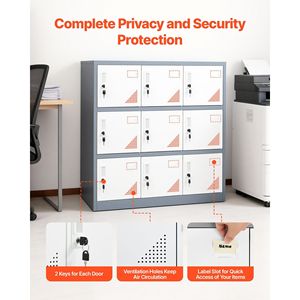 Armadietto Metallico a 9 Ante, Capacità di Carico 66 Libbre, 3 Ripiani, 2 Chiavi, Ogni Porta Chiudibile a Chiave, Armadietti in Acciaio per Dipendenti - Product Image 5