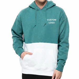 Sweat-shirt à capuche color block pour homme, coupe oversize, en molleton de coton, décontracté, blanc et bleu, avec poches, collection automne - Product Image 2