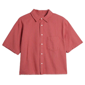 Chemise en flanelle déchirée à rayures rouges pour homme, manches courtes, col rabattu, tissu popeline, style décontracté, été - Product Image 1