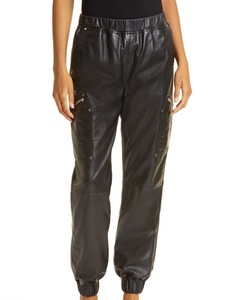 Black PU Leather Breathable Cargo Joggers with Front Zipper Pockets Unisex Streetwear Tapered Fit Track Pants - Product Image 1