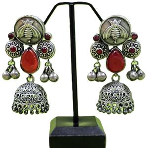 Pendientes Jhumka de Latón Oxidado con Corte de Pera en Color Rojo, Cristal Rojo, Chapado en Plata Antigua, Estilo Étnico Indio para Bodas, para Mujer - Product Image 1