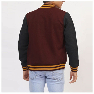 Veste universitaire pour homme, bordeaux et gris, avec bordure jaune, coupe classique, style décontracté, simple boutonnage, col rabattu - Product Image 2