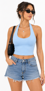 Women Ribbed Halter Neck Crop <b>Top</b> Tie Back Sleeveless Fitted Tank <b>Top</b> - Product Image 2