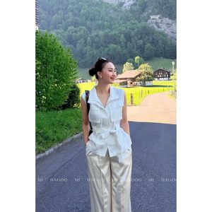 A8171 HAGOO Elegant Tailored Utility Pocket <b>Sleeveless</b> Trench Blouses <b>Shirt</b> Factory - Product Image 2