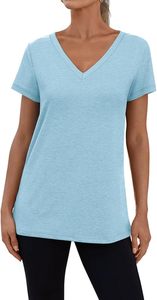 Camiseta deportiva de secado rápido para mujer, con cuello en V, bordada, de verano, tejida, lisa, suave, transpirable y cómoda. - Product Image 3