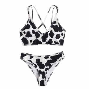 Ensemble bikini imprimé vache pour femme, haut croisé à nouer, bas string, maillot de bain deux pièces en spandex et polyester, motif animal - Product Image 1