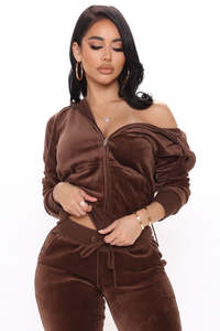 Women Plus Size Velour Tracksuit Set Hooded Cropped Jacket Jogger Pants Solid <b>Brown</b> Casual Autumn Wear Full Sleeve Zipper Front - Product Image 2