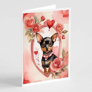 Miniature Pinscher Valentine Roses Whimsical A7 Size 5x7 Blank <b>Note</b> <b>Cards</b> Pack 8 with Envelopes <b>Greeting</b> <b>Cards</b> - Product Image 1
