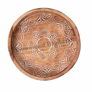 <b>Hand</b> Carved Round Wooden Tray Mango Wood Serving Tray with Handles Indian Manufacturer Hotels Restaurant and Home Use Decor Tray - Product Image 1