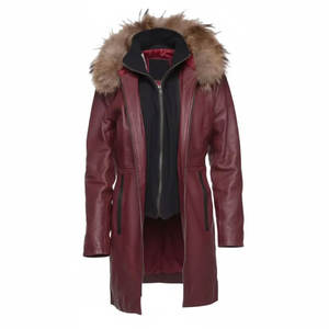 Chaqueta de cuero borgoña personalizada para mujer, abrigo largo de 3/4 de longitud, chaqueta de cuero genuino con doble botonadura y capucha de piel de zorro auténtica - Product Image 3