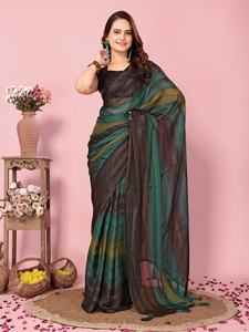 FATEMA FASHION Sari indien non cousu 1M en soie Zari imprimé motif Rangoli couleur pêche pour femme, tenue de soirée, intemporel et lavable - Product Image 3