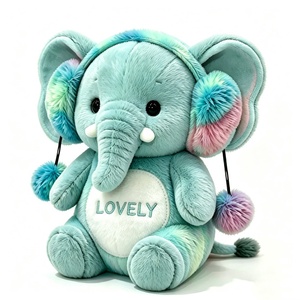 Orejeras de peluche de elefante personalizadas en degradado rosa-azul verdoso, orejeras de peluche de elefante con pompón degradado y vientre blanco, elefante de peluche bordado. - Product Image 2