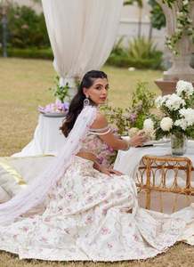 Embroidered Floral Silk Maxi Lehenga Set Dupatta off Shoulder <b>Bride</b> Party Evening Dress with Empire Waist for Wedding - Product Image 2