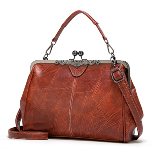 Vintage Genuine Leather Handbag Women <b>Frame</b> Shape Geometric Pattern Lock Closure Removable Strap Daily Use Durable - Product Image 6