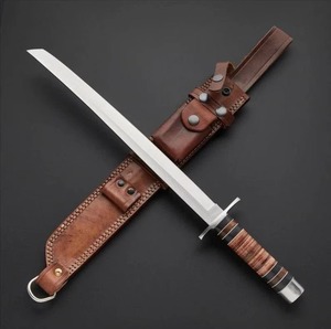 Couteau de chasse en acier au carbone avec manche en bois et étui en cuir, lame droite, couverts d'extérieur - Product Image 1