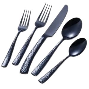 Ensemble de couverts de luxe moderne en acier inoxydable noir avec manche martelé, couteau, fourchette et cuillère pour hôtel, restaurant et mariage - Product Image 1