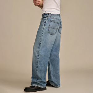 Jean droit rétro en denim délavé pour homme, taille haute, couleur unie, délavage moyen, style classique décontracté, ODM - Product Image 2