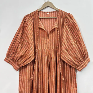 Vestido Casual Midi para Mujer, Tejido 100% Algodón, Liso, Manga Corta, Cintura Imperio, Estilo Babydoll, Cuello en V, Holgado, Origen India - Product Image 3